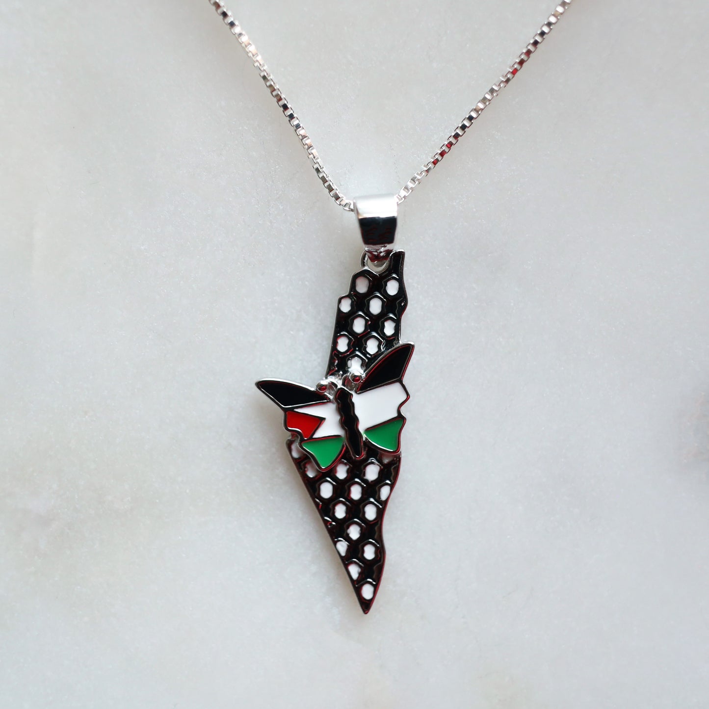 Flag Colored Butterfly with Black and White Map Silver Pendant