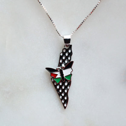 Flag Colored Butterfly with Black and White Map Silver Pendant