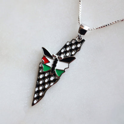 Flag Colored Butterfly with Black and White Map Silver Pendant