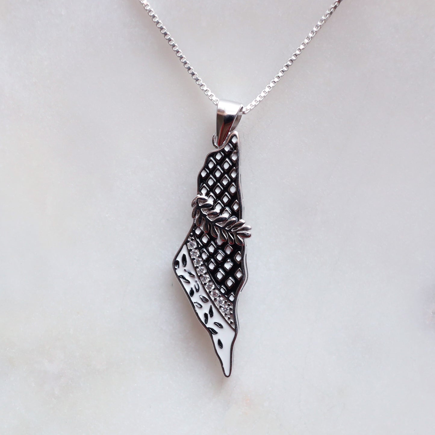 Olive Branch Black and White Map Pendant - Silver